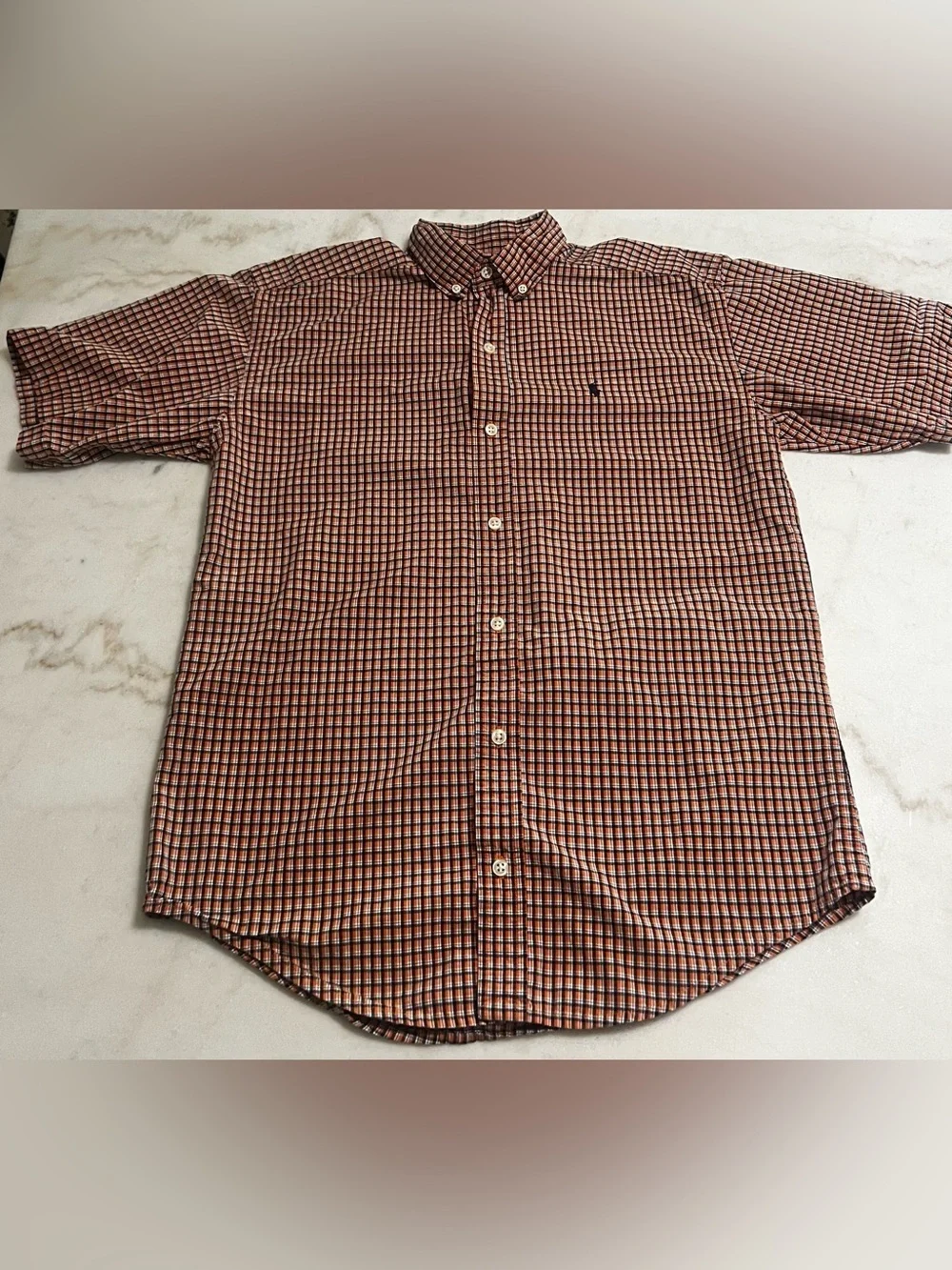 Ralph Lauren Orange Black Plaid Short Sleeve Button Down Boys Size L